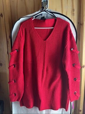 City Chic Red V-Neck Sweater with Sleeve Ring Accents